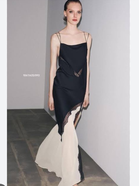 Zara Dresses & Skirts - Zara Black and Cream Satin Slip Dress with Lace Trim